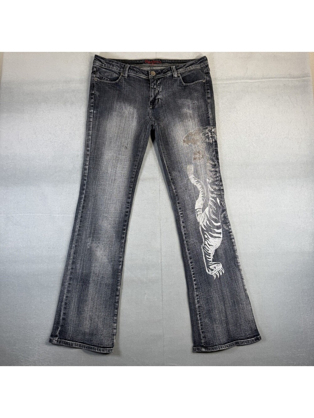 Vintage Pepe Jeans London Flare Jeans Womens 32 Gray Tiger Embroidered Low Rise
